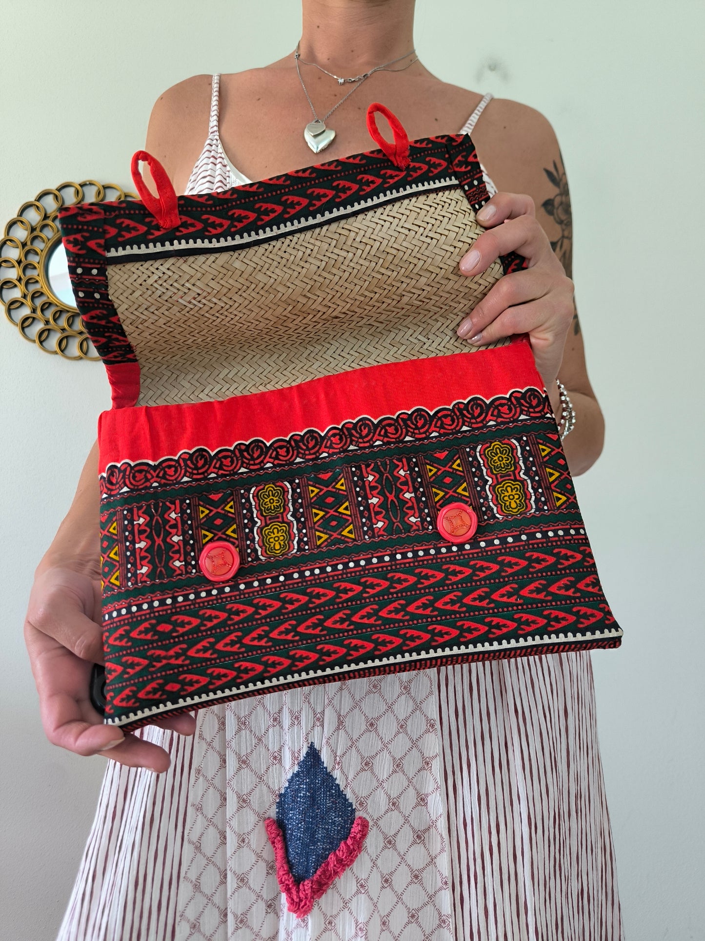Borsa paglia rivestita in tessuto etno
