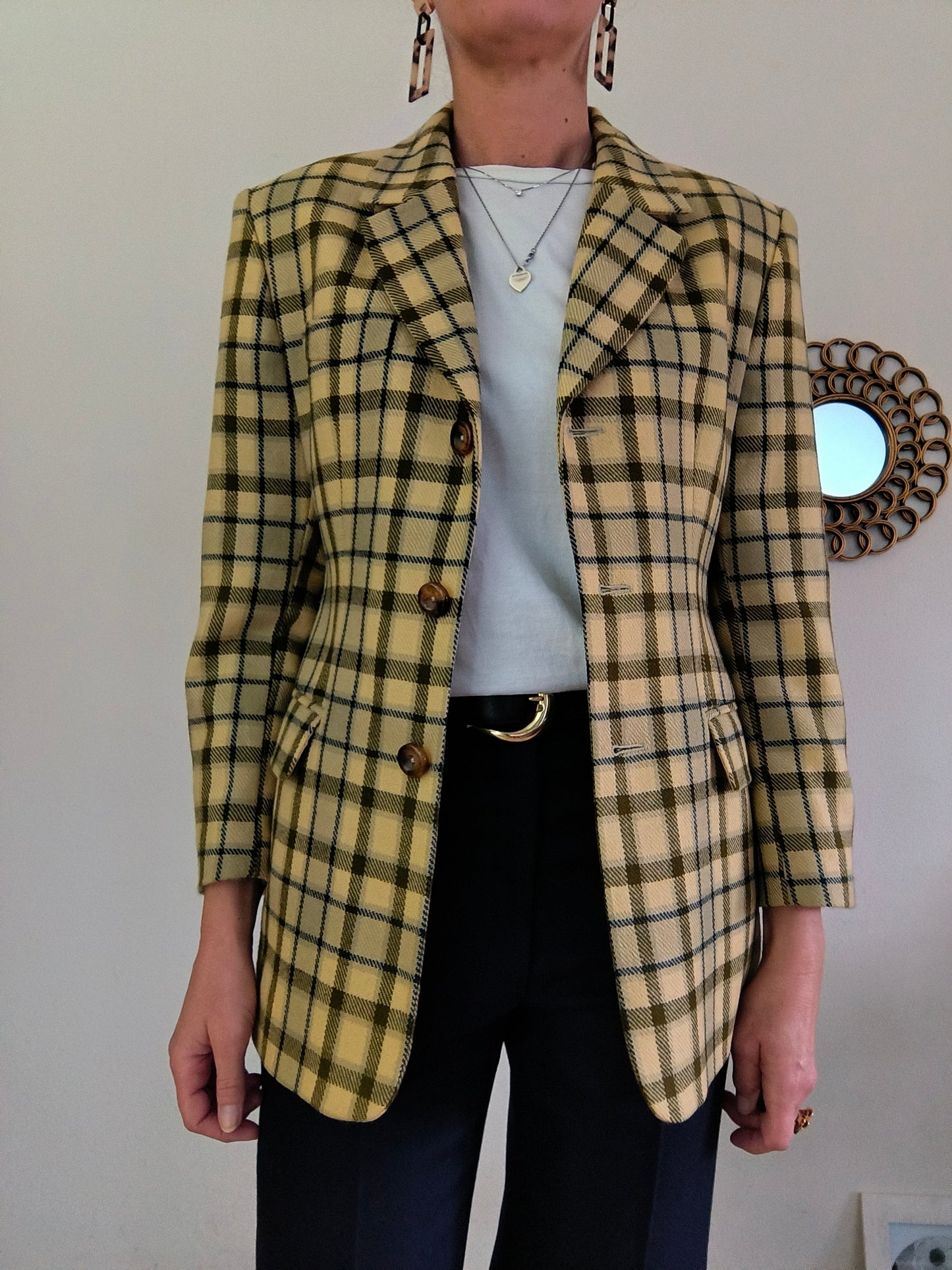 Blazer vintage quadrettato giallo pura lana superfine tg 44