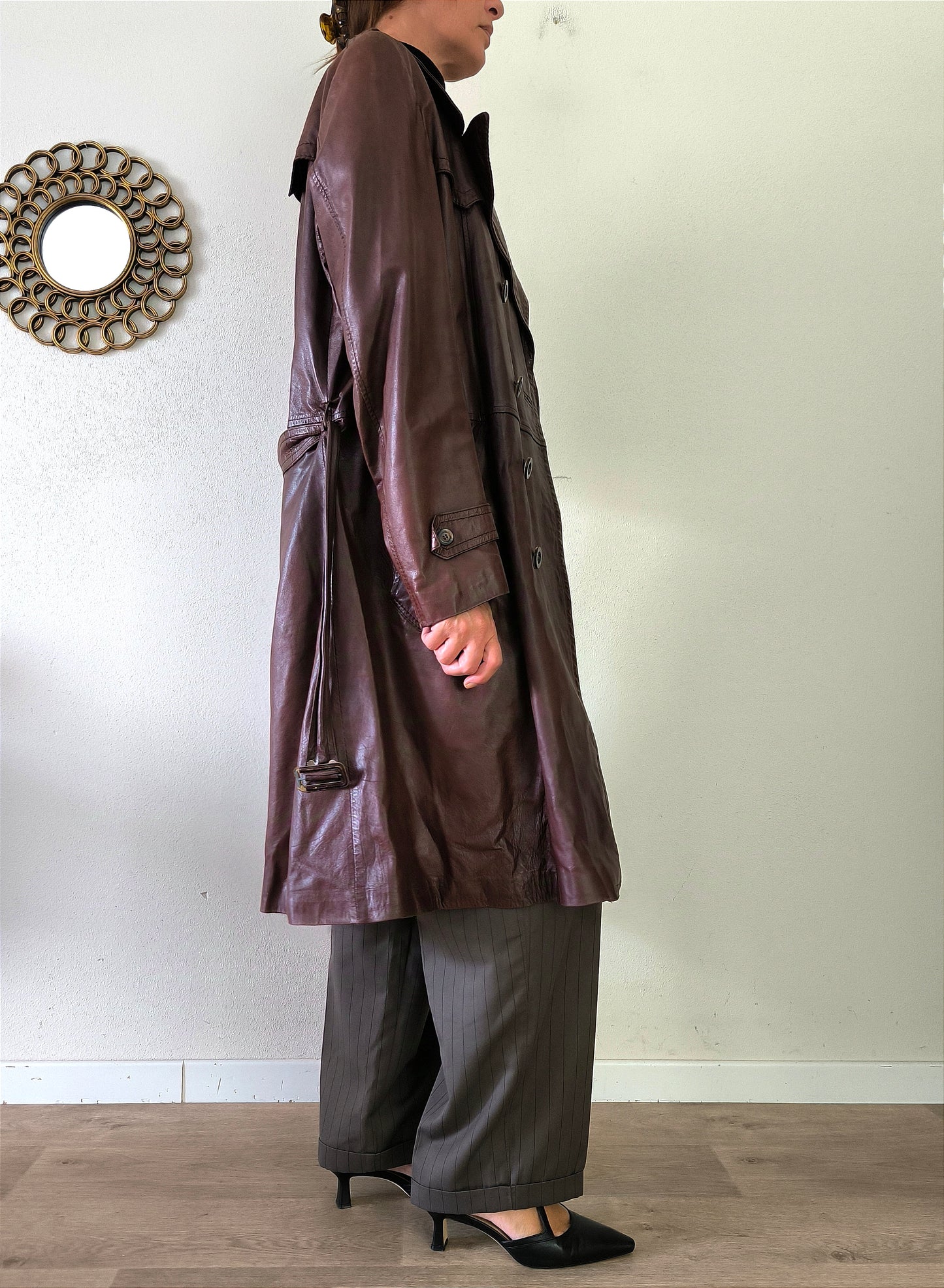 Cappotto/trench unisex in pelle anni 70 tg XL