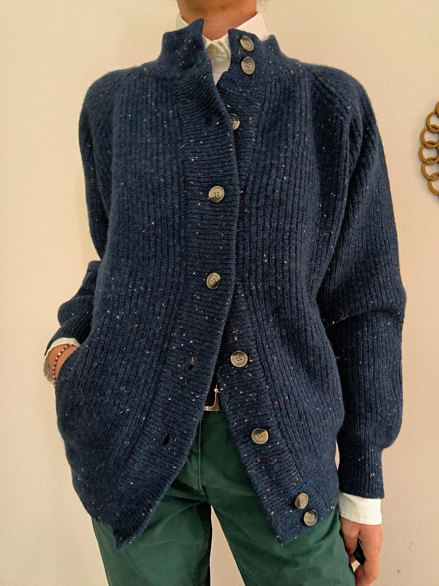 Cardigan lana Shetland unisex tg L colore blu