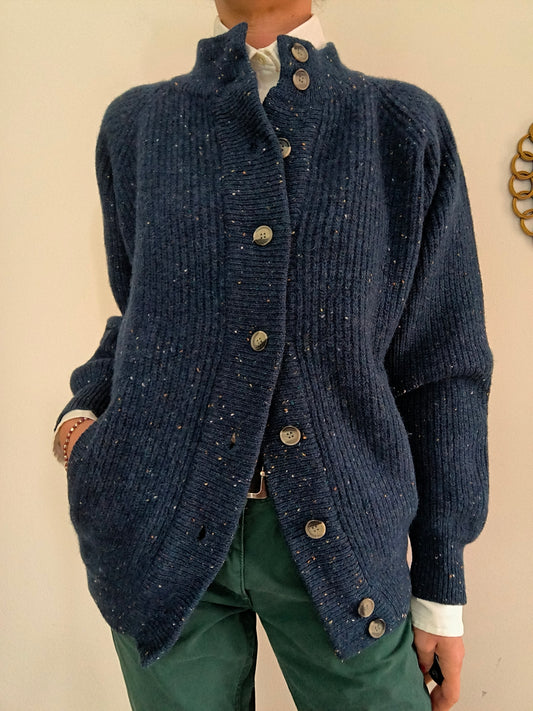 Cardigan lana Shetland unisex tg L colore blu