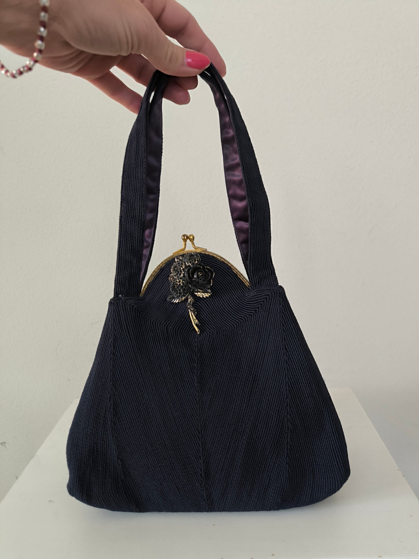 Borsetta anni 50 vintage blu con rosa