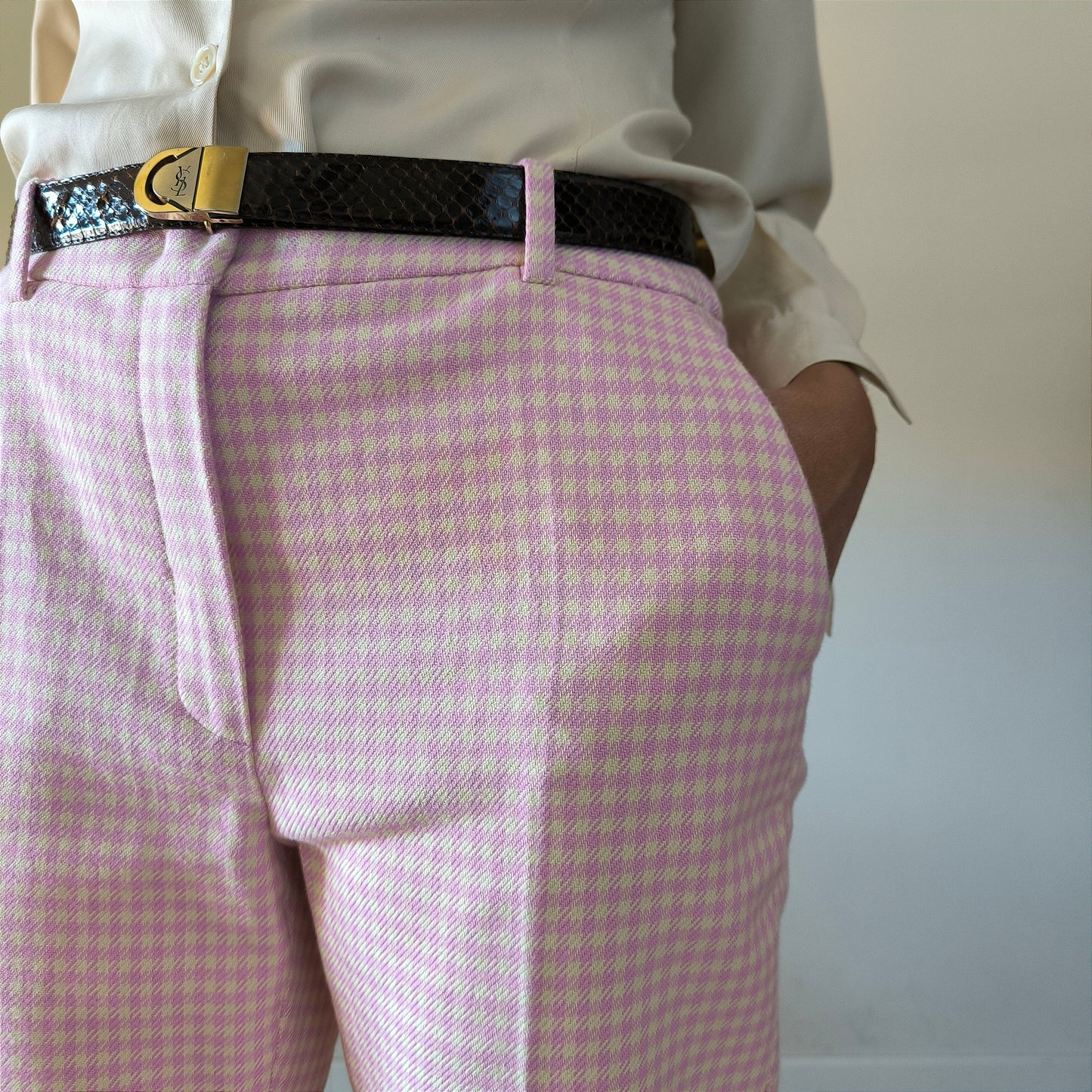 Pantalone Max Mara in tessuto Vichy rosa/crema tg 44