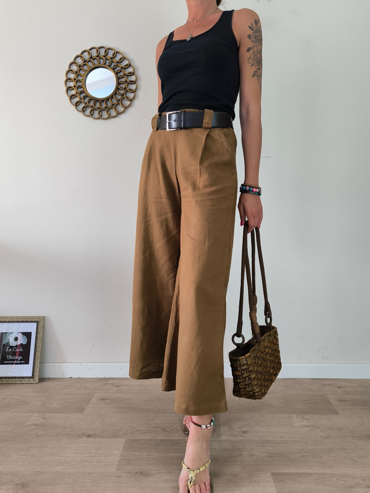 Pantalone ampio marrone in lino e viscosa