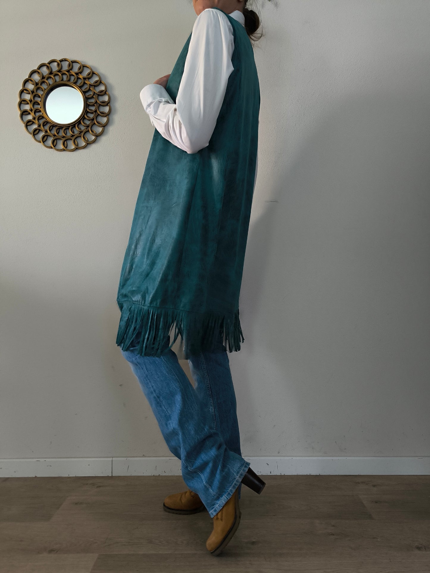Gilet ecopelle ottanio sfrangiato