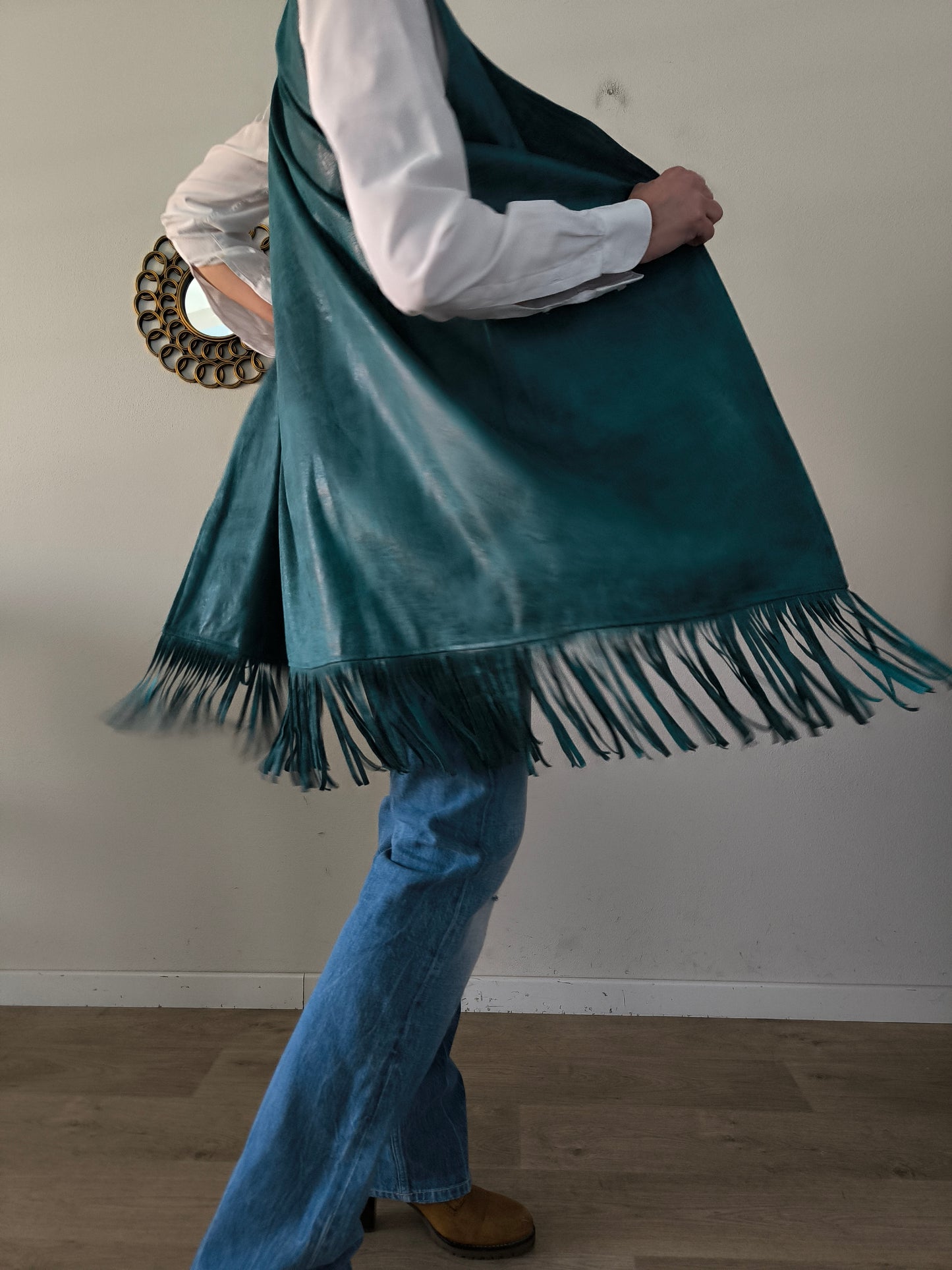 Gilet ecopelle ottanio sfrangiato