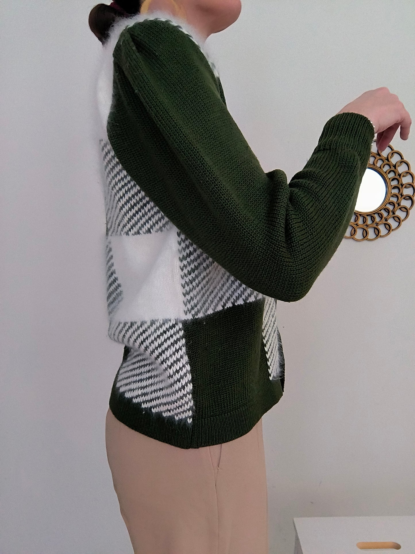 Cardigan vintage lana e angora olive/bianco