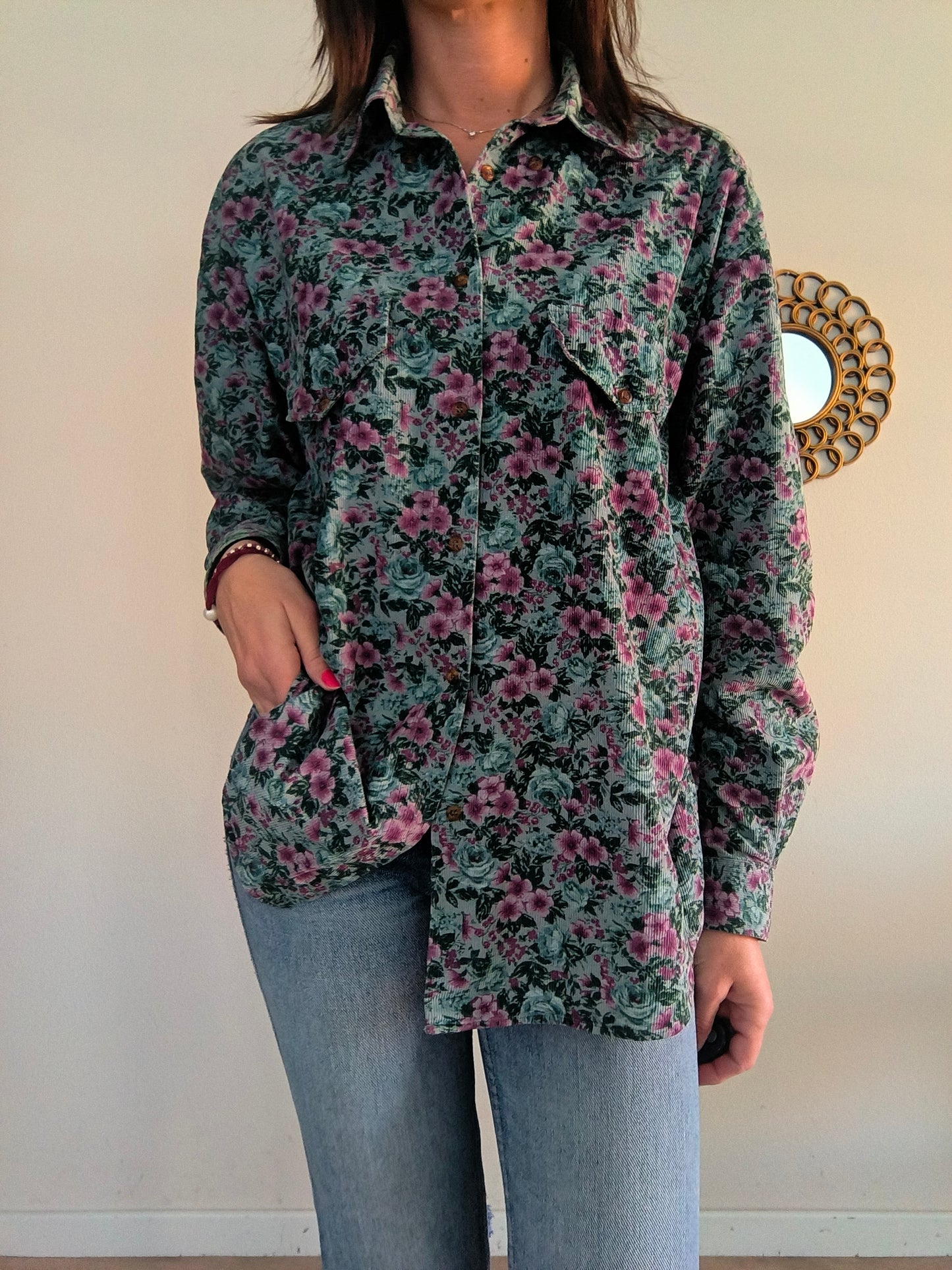 Camicia vintage floreale in velluto a coste