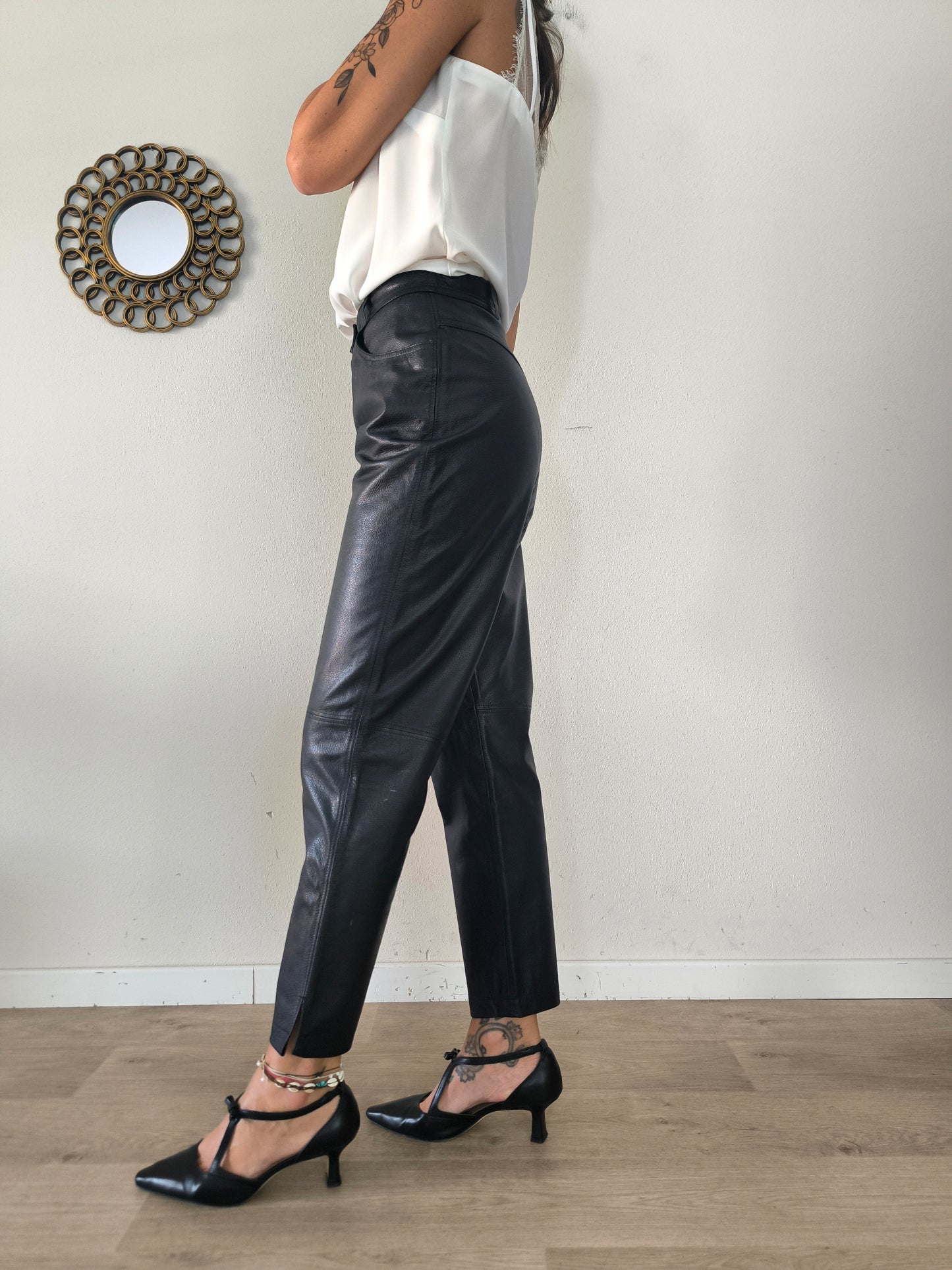 Pantalone vintage in vera pelle nera taglia S