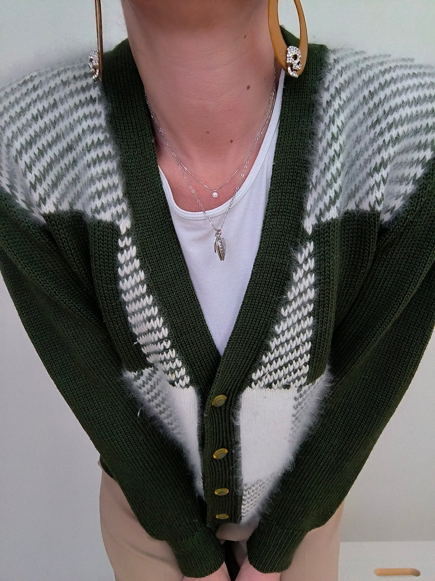 Cardigan vintage lana e angora olive/bianco