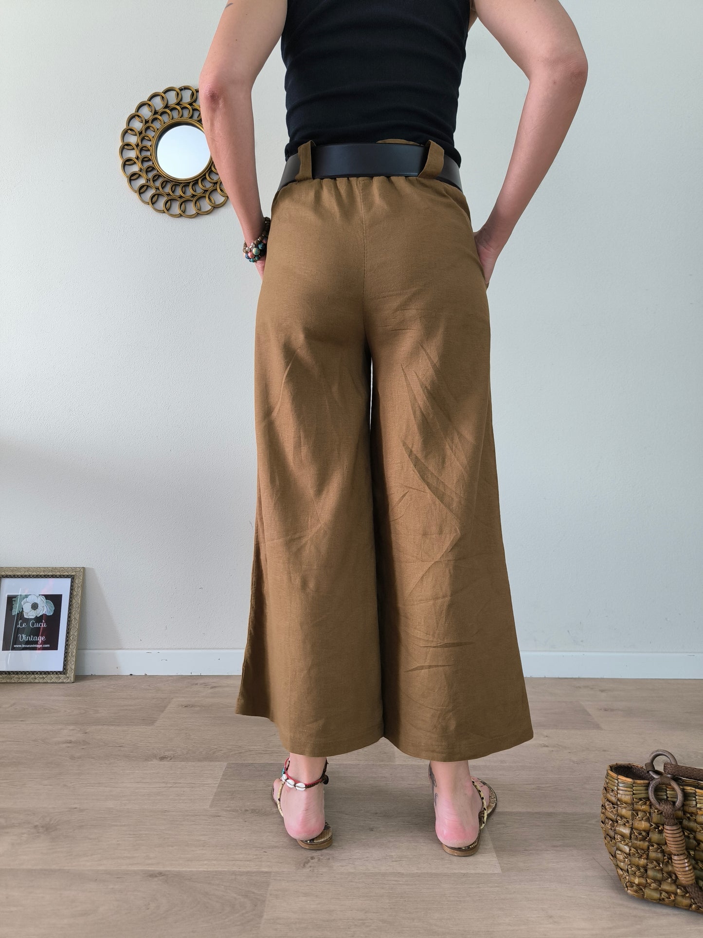 Pantalone ampio marrone in lino e viscosa