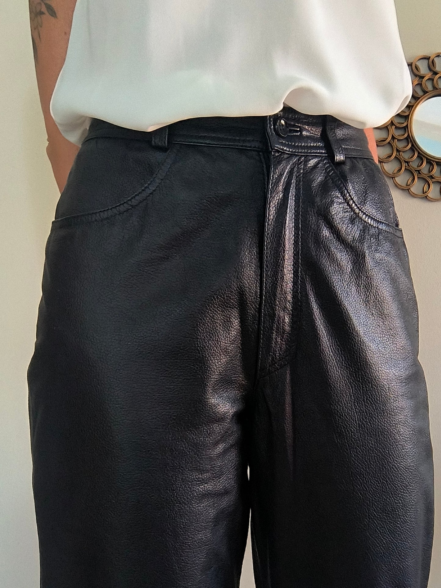 Pantalone vintage in vera pelle nera taglia S