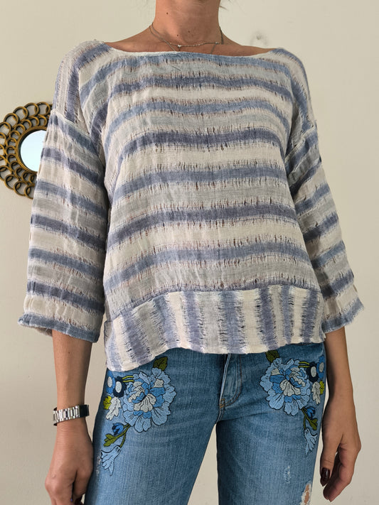 Blusa in lino a righe bianco/azzurro
