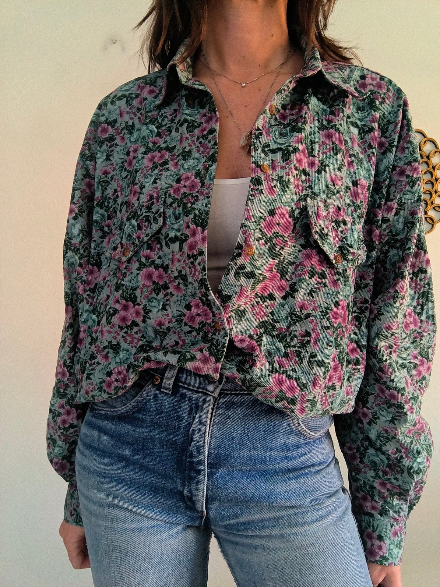 Camicia vintage floreale in velluto a coste