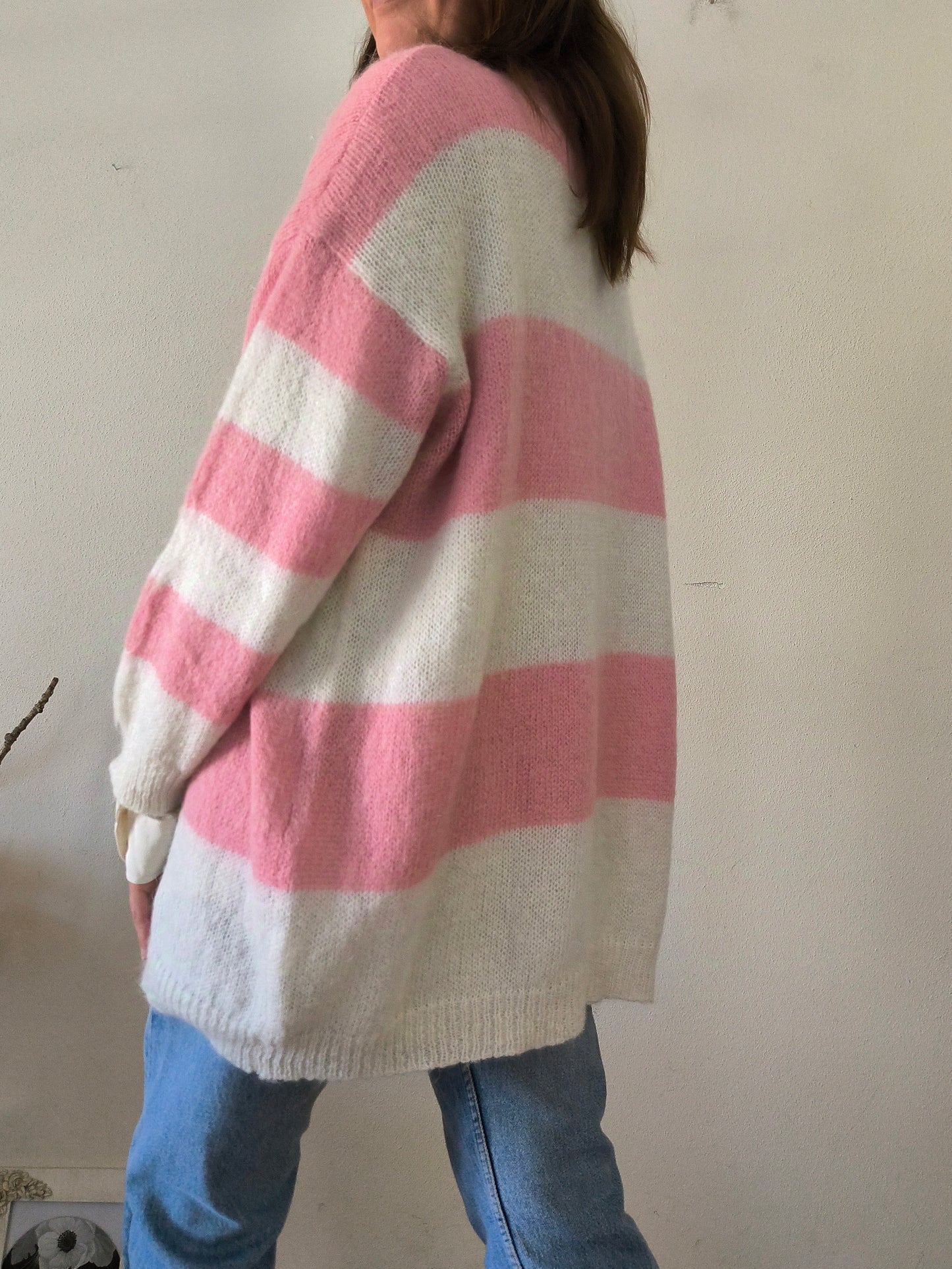 Maglione oversize a righe bianco/rosa