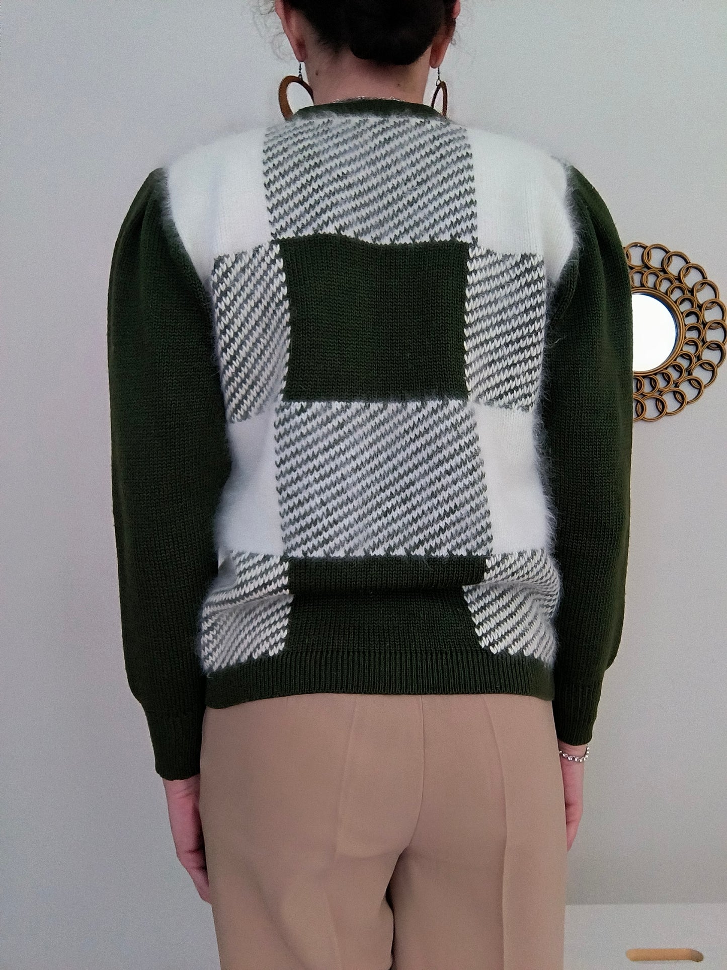 Cardigan vintage lana e angora olive/bianco