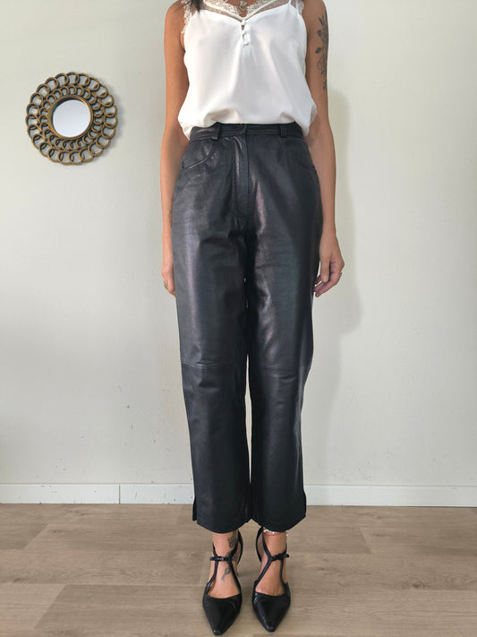 Pantalone vintage in vera pelle nera taglia S