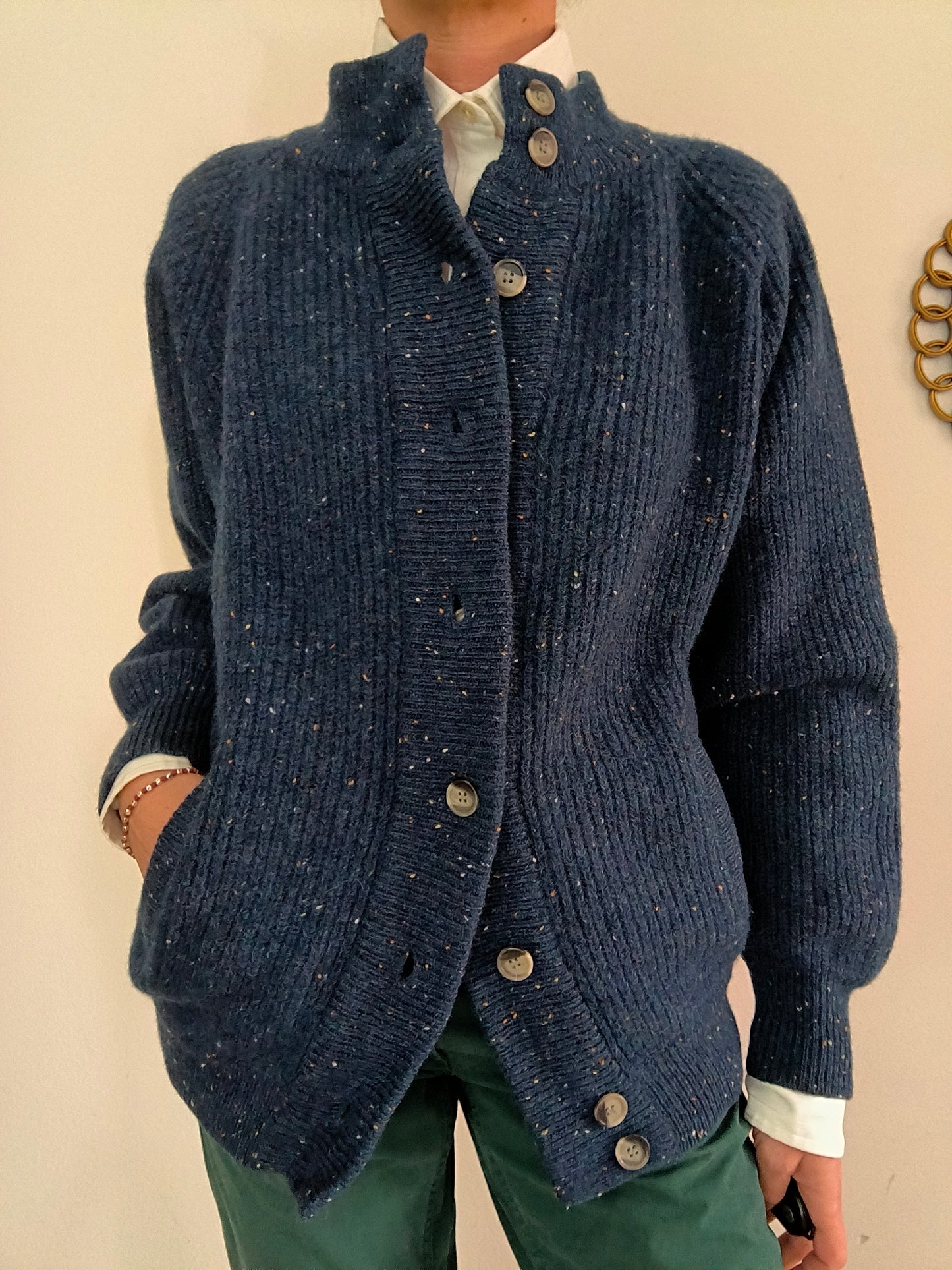 Cardigan lana Shetland unisex tg L colore blu