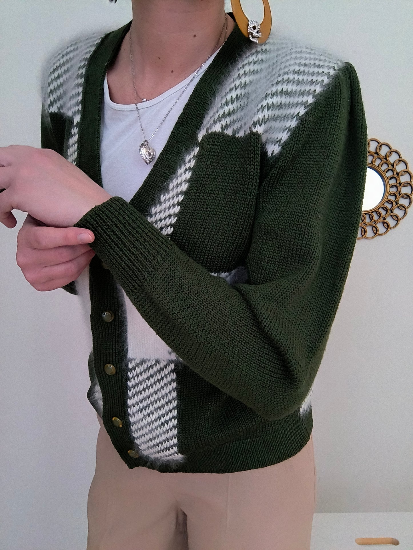 Cardigan vintage lana e angora olive/bianco