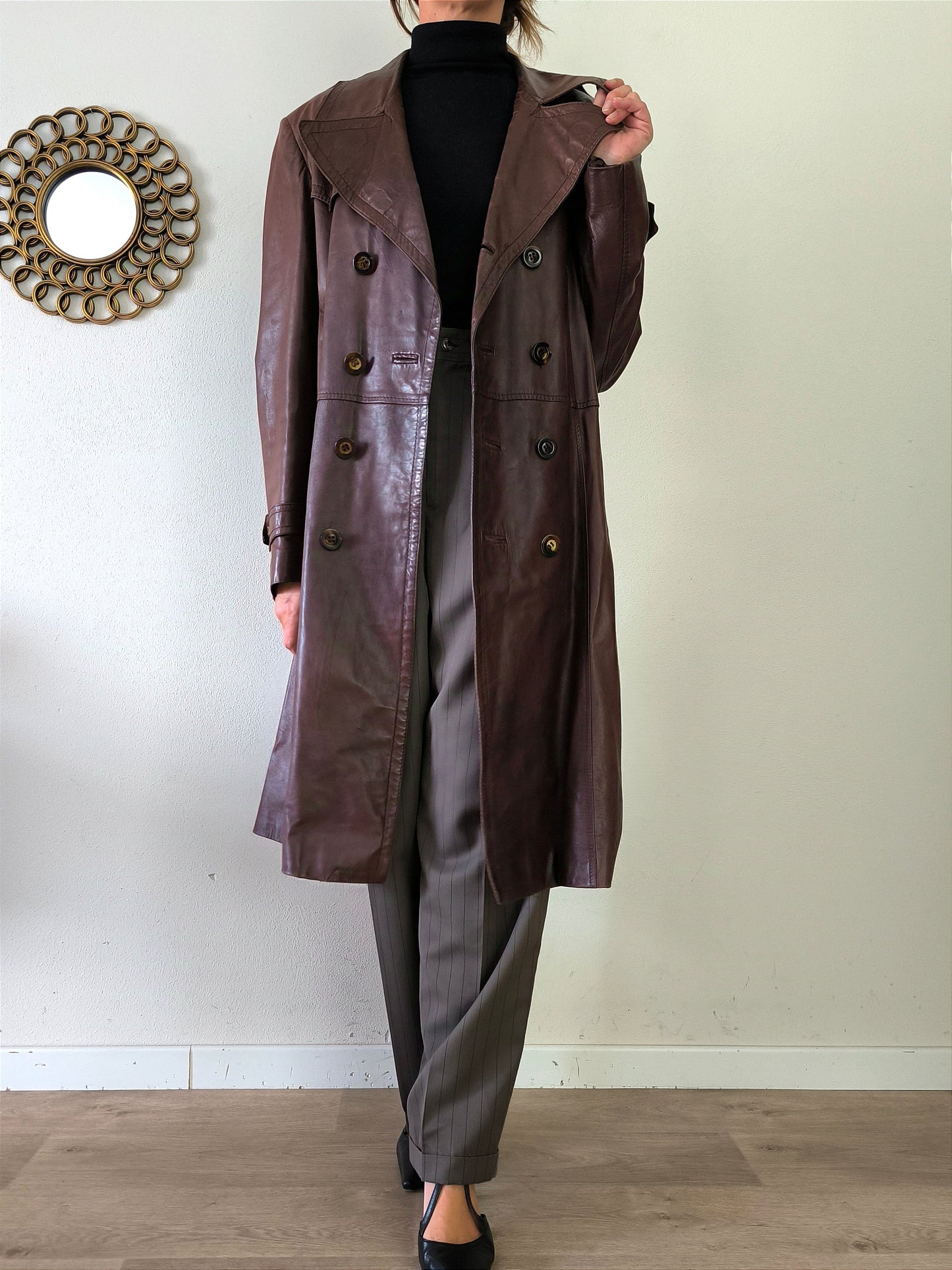 Cappotto/trench unisex in pelle anni 70 tg XL