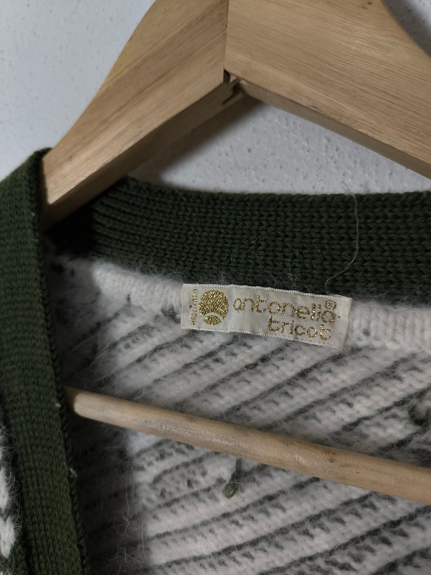 Cardigan vintage lana e angora olive/bianco