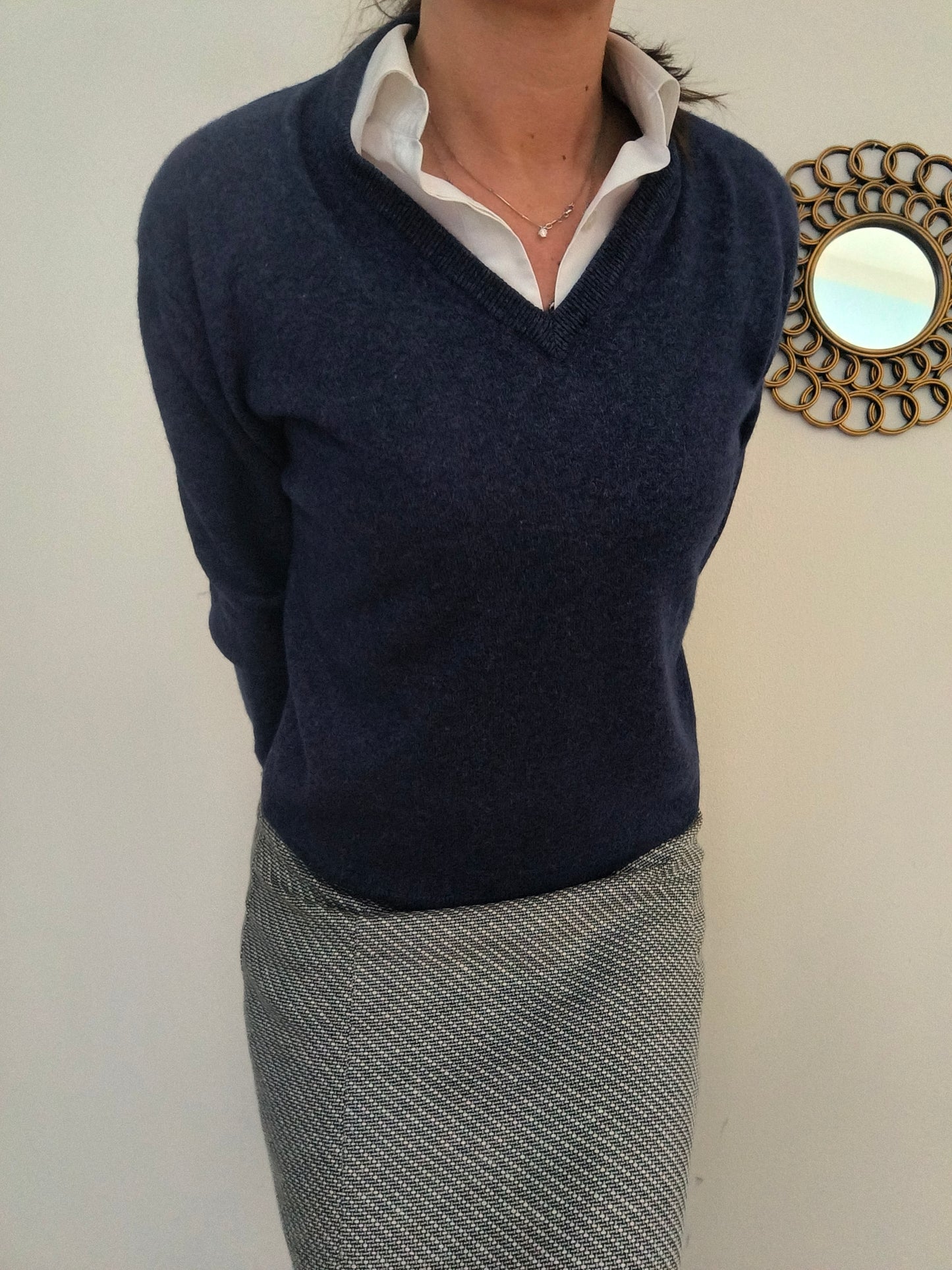 Maglione V neck blu lana e cashmere