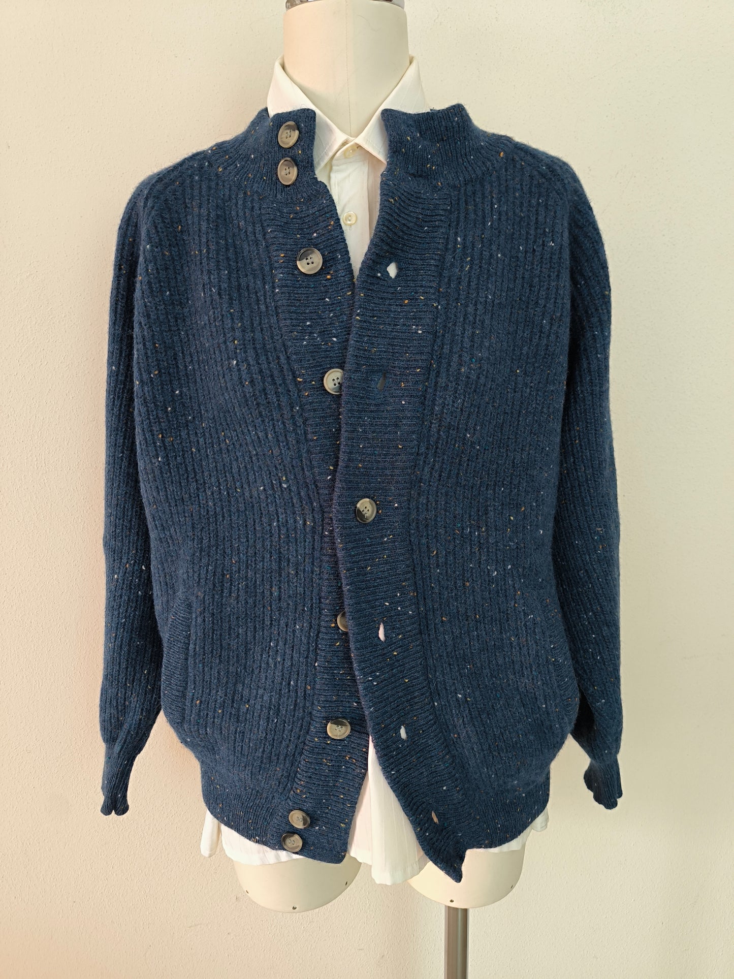 Cardigan lana Shetland unisex tg L colore blu