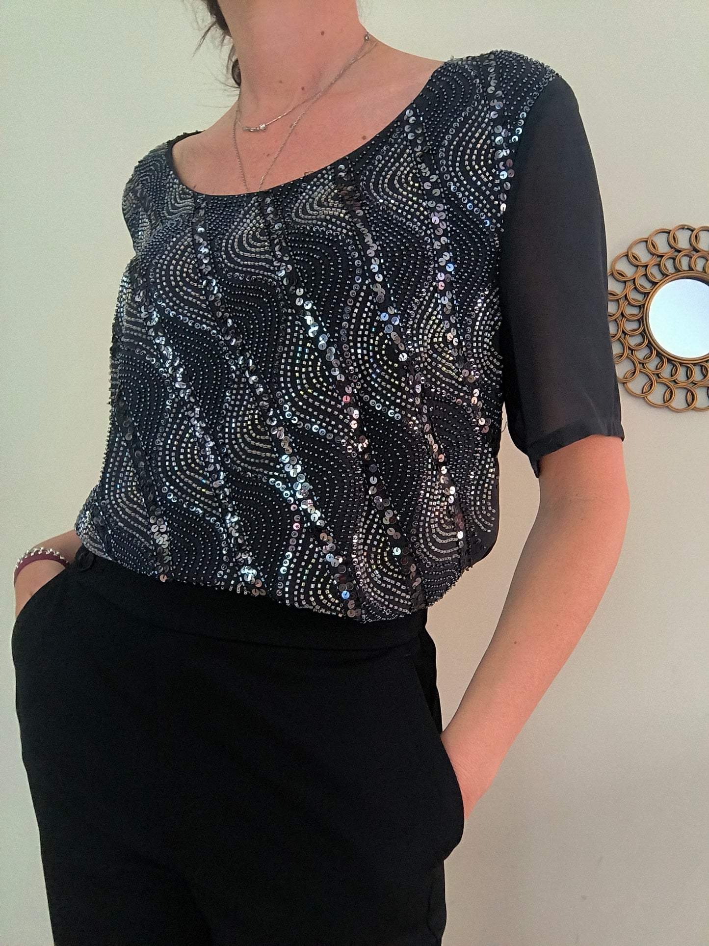 Blusa in paillettes antracite