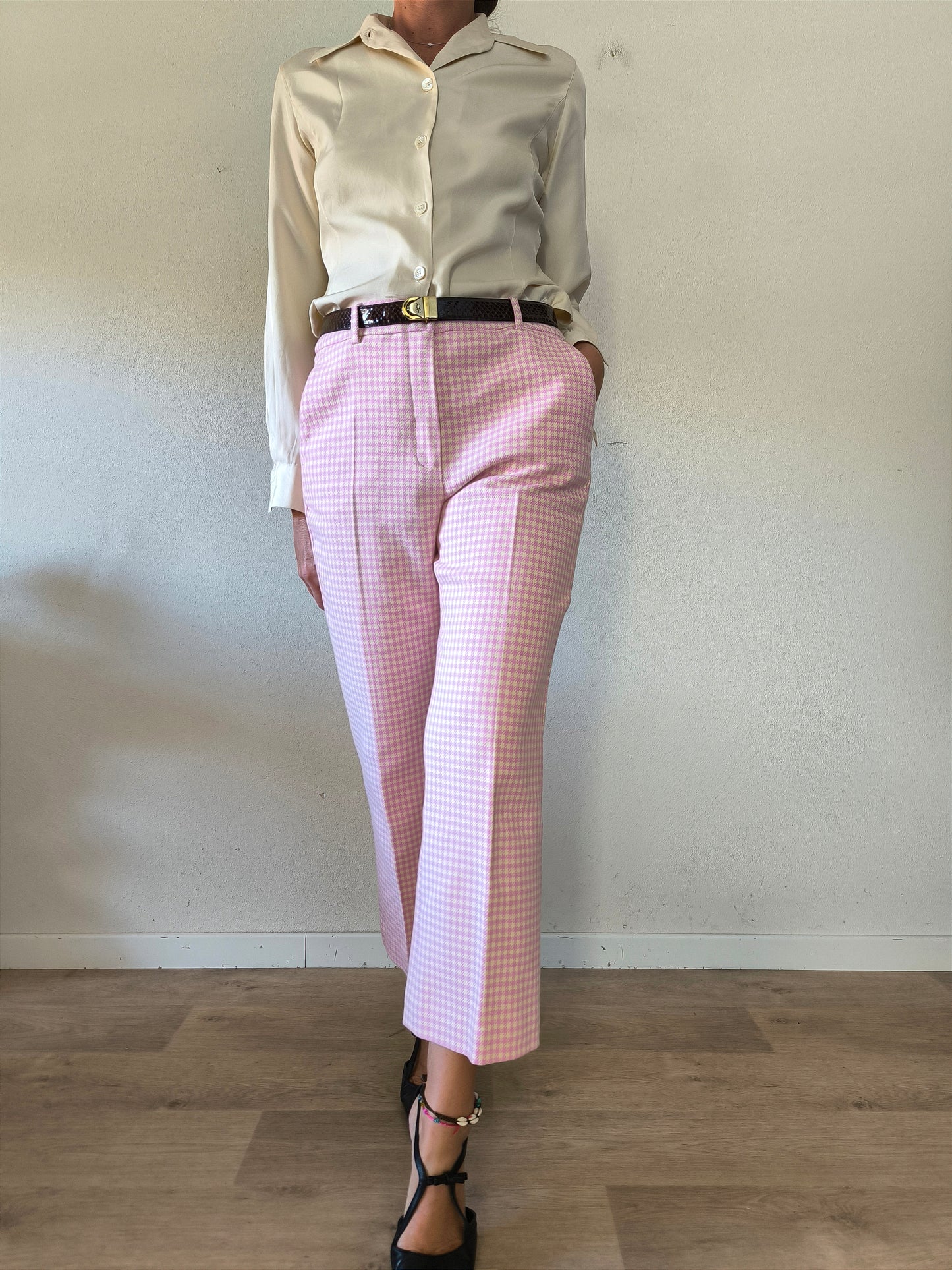 Pantalone Max Mara in tessuto Vichy rosa/crema tg 44