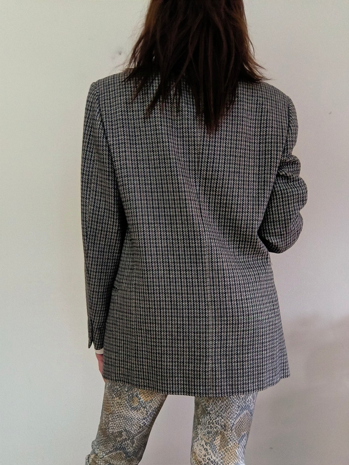 Blazer vintage Valentino in pura lana pied de poule grigio e nocciola