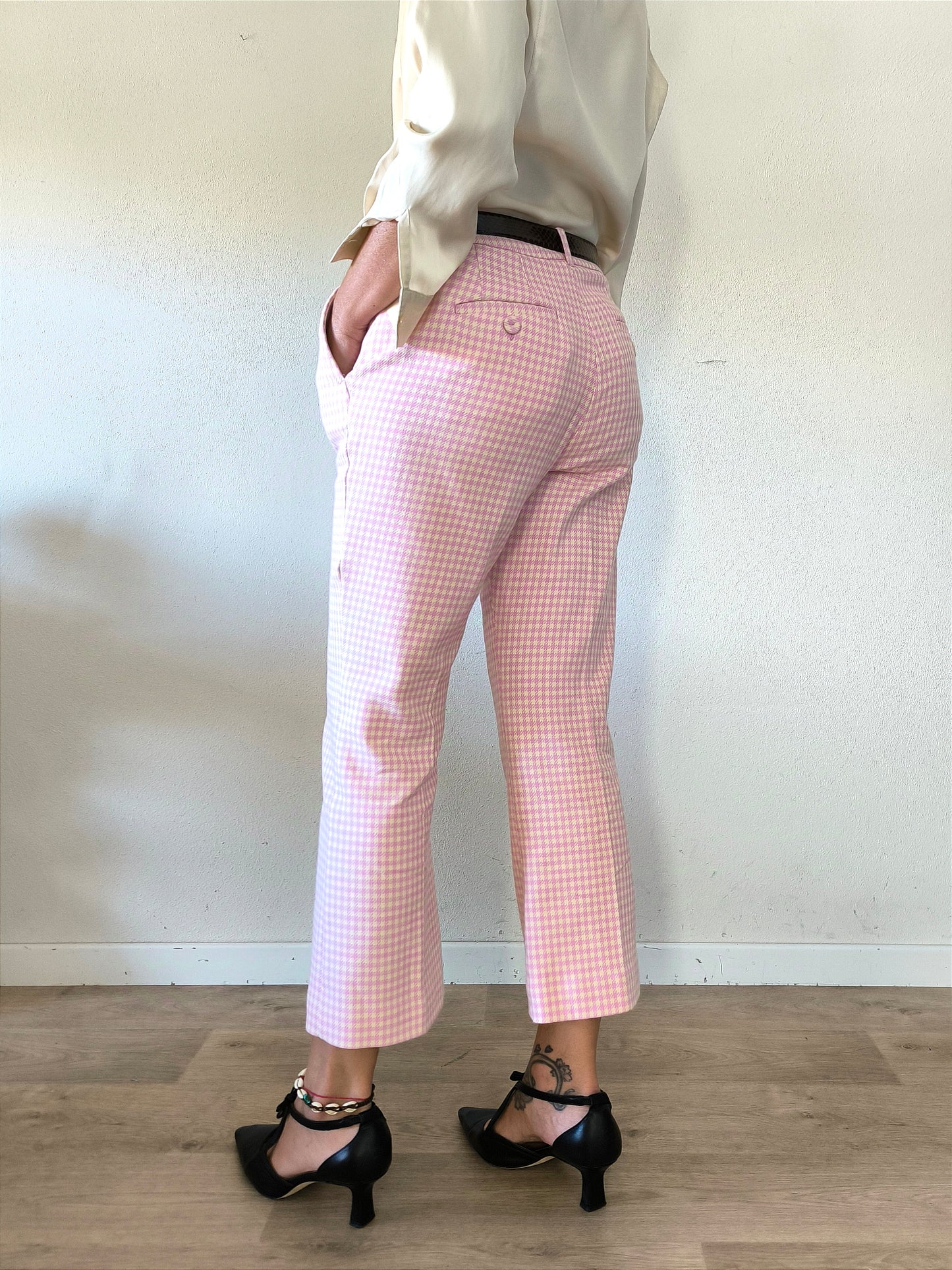 Pantalone Max Mara in tessuto Vichy rosa/crema tg 44