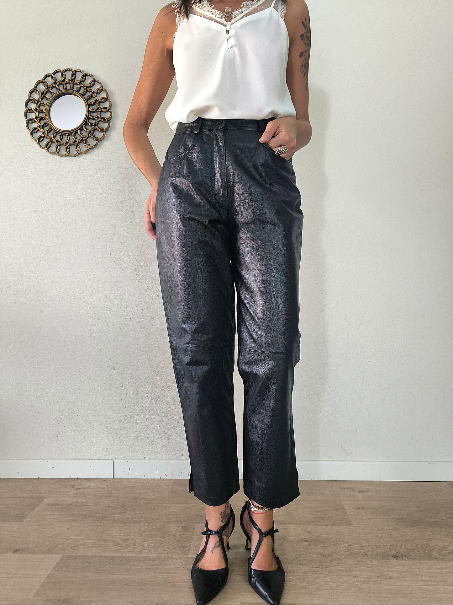 Pantalone vintage in vera pelle nera taglia S