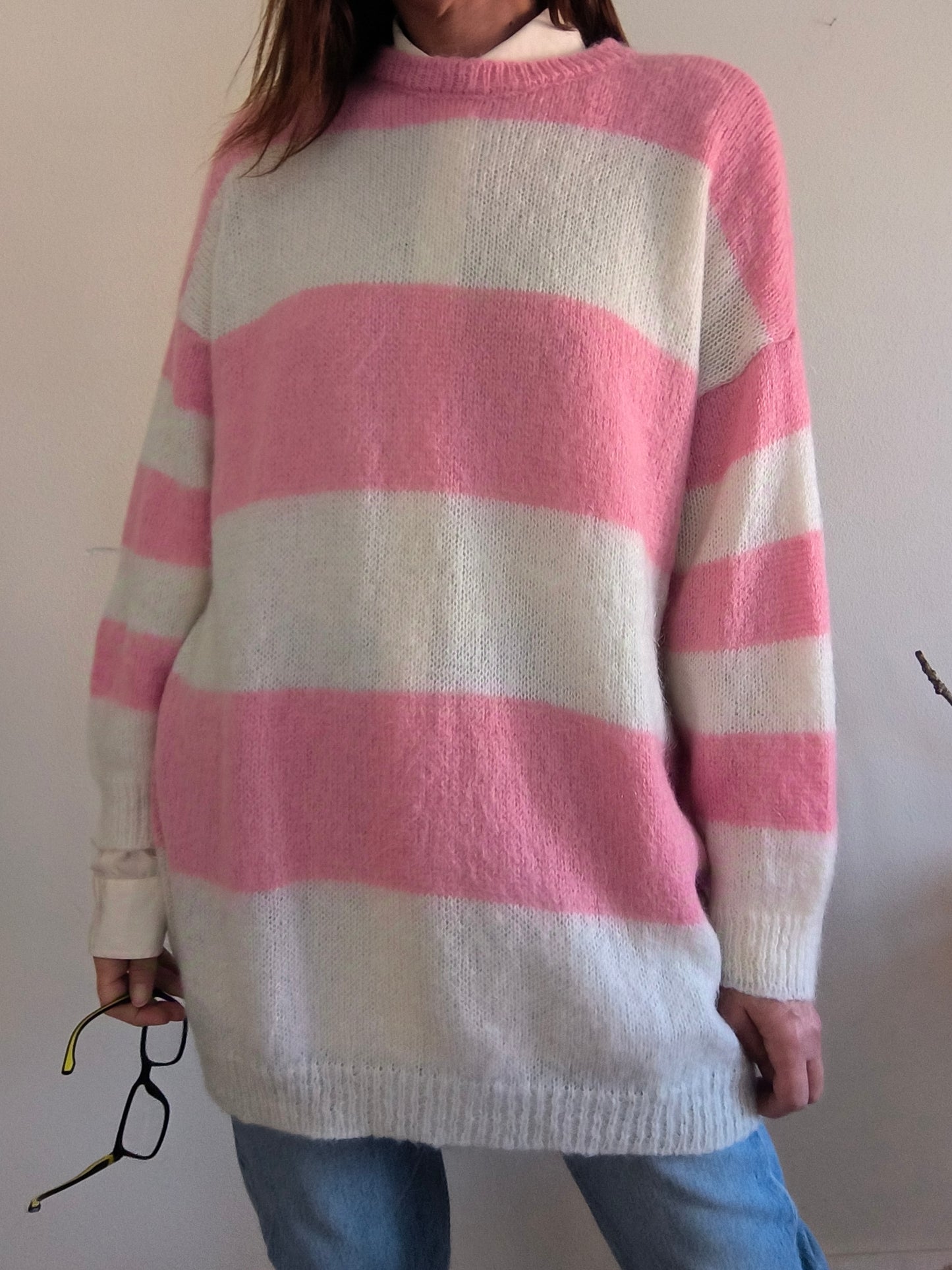 Maglione oversize a righe bianco/rosa