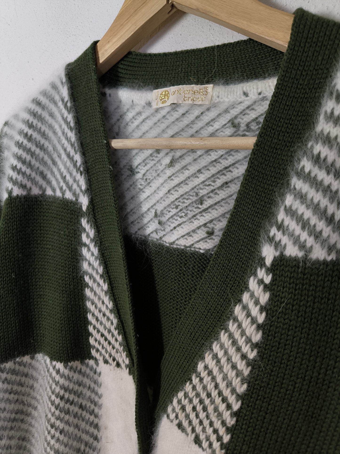 Cardigan vintage lana e angora olive/bianco
