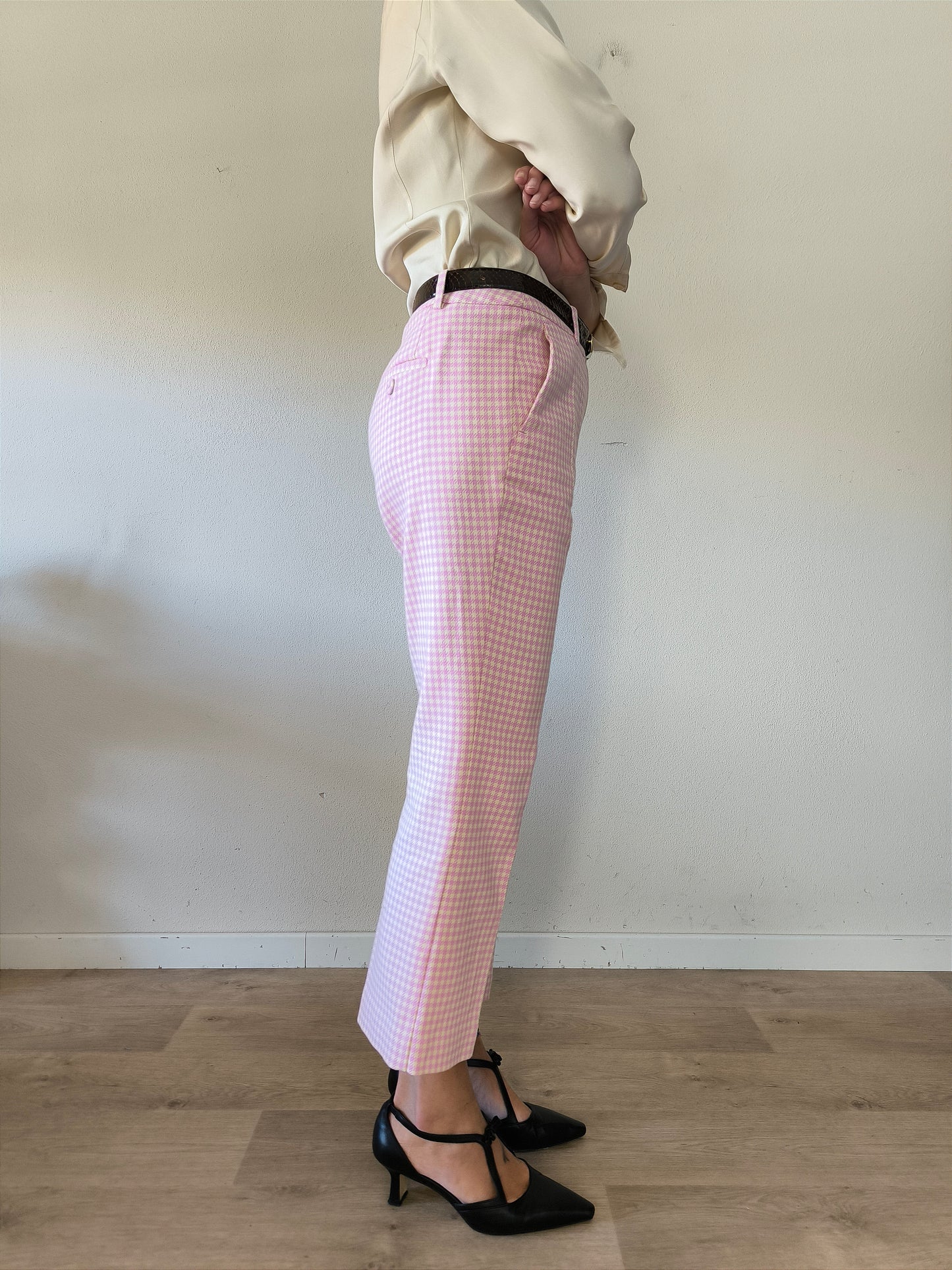 Pantalone Max Mara in tessuto Vichy rosa/crema tg 44