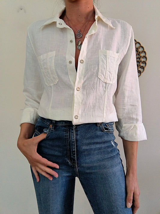Camicetta vintage in lino bianco tg M