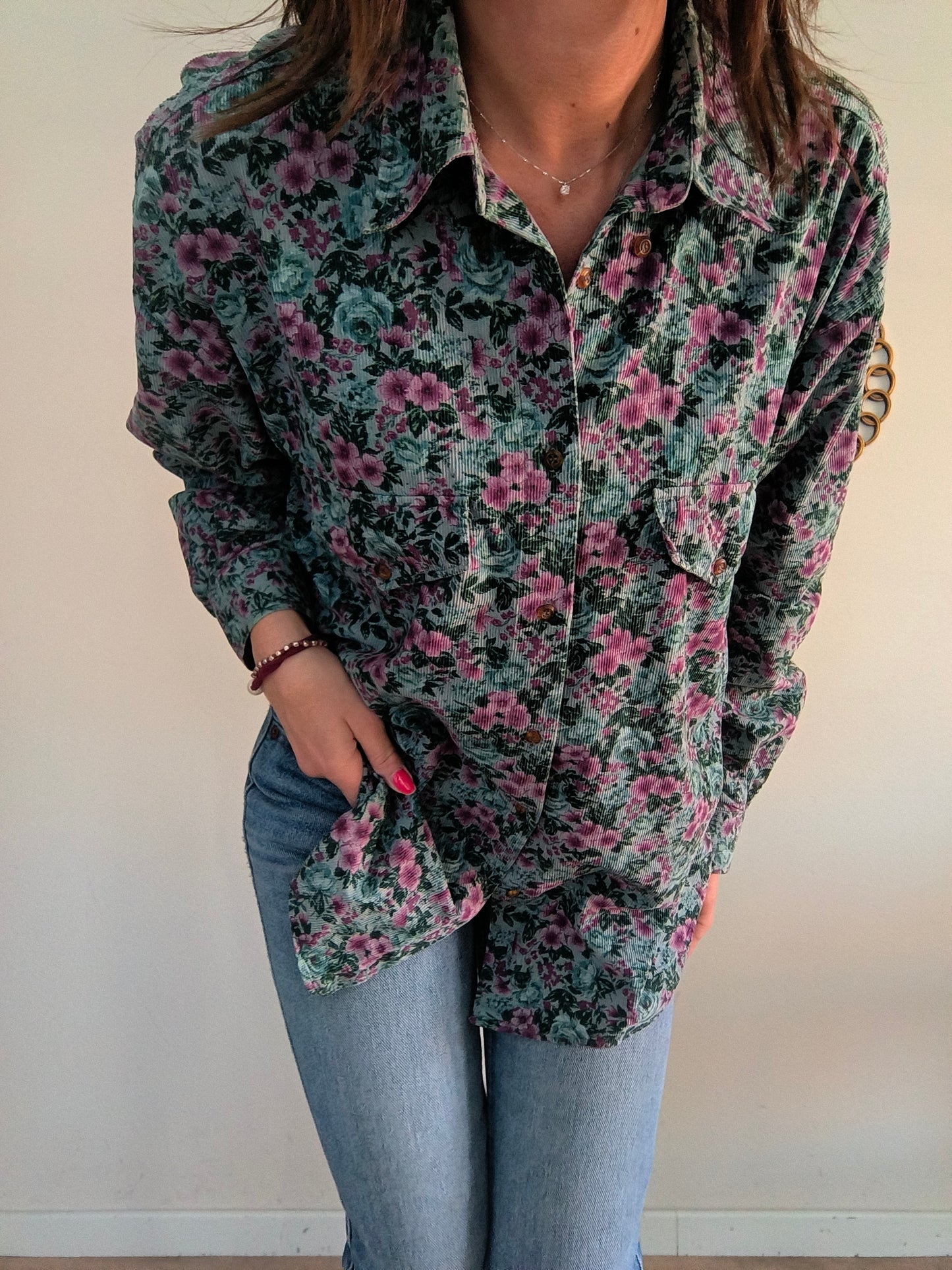 Camicia vintage floreale in velluto a coste