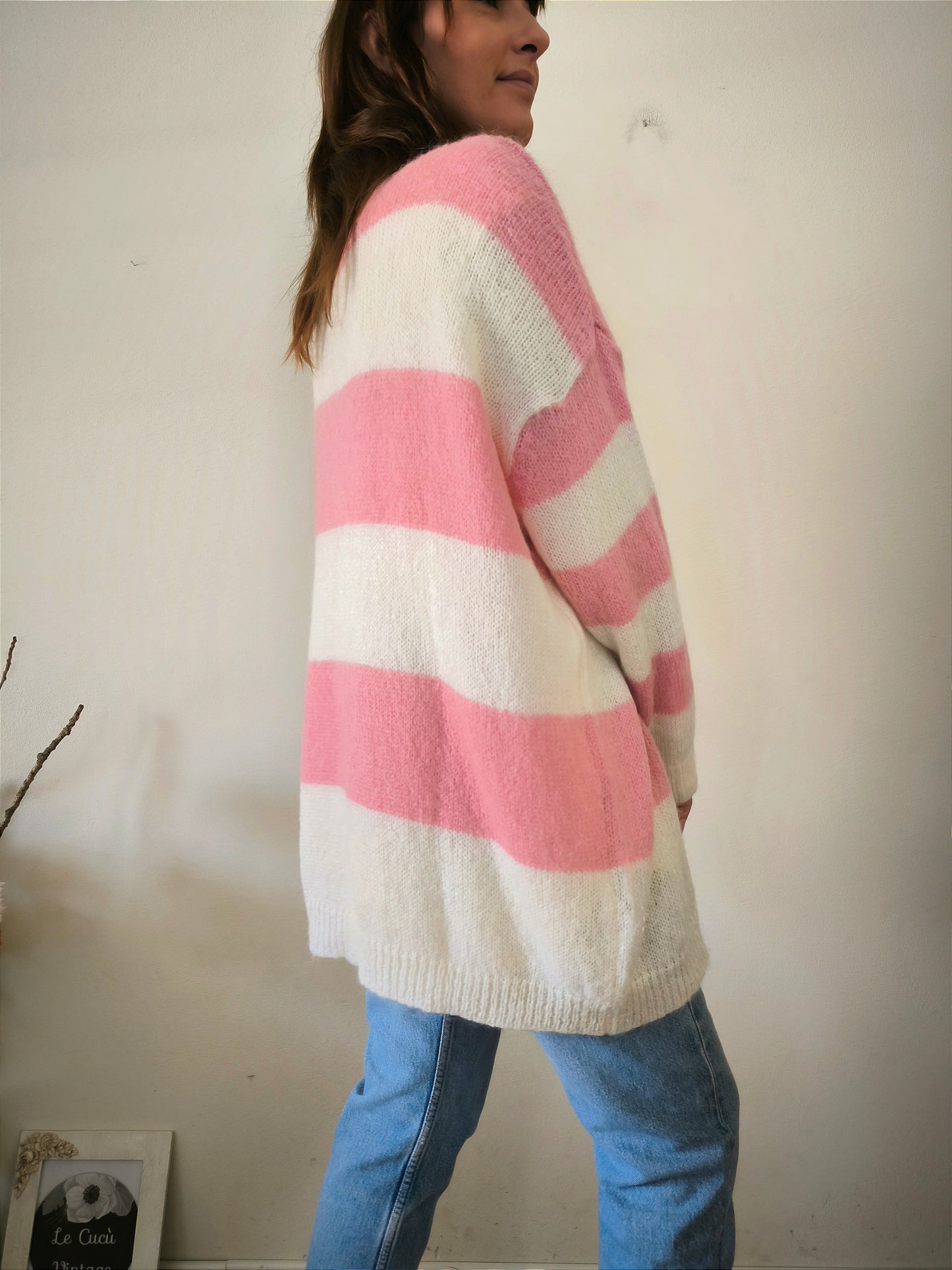 Maglione oversize a righe bianco/rosa