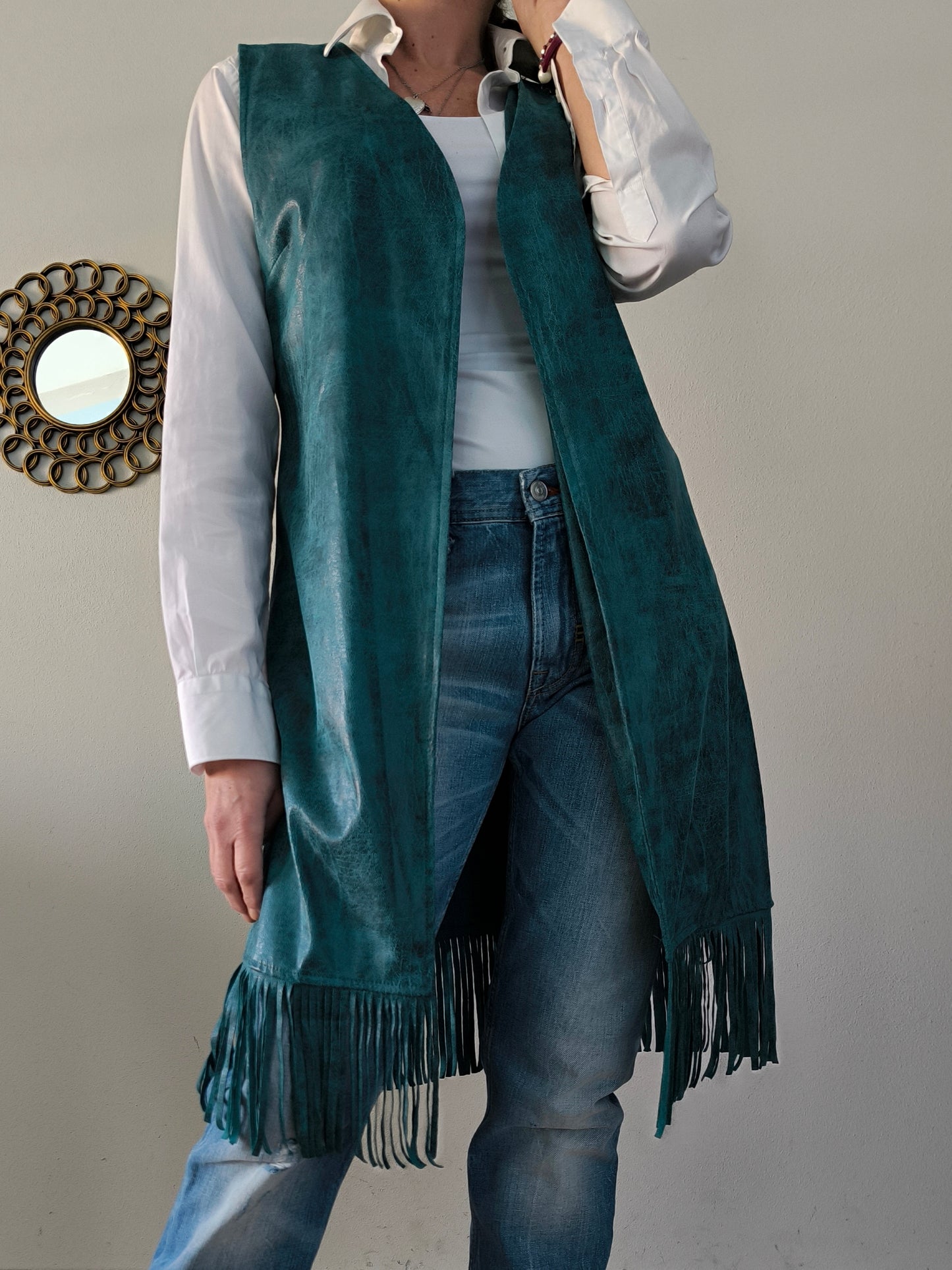 Gilet ecopelle ottanio sfrangiato
