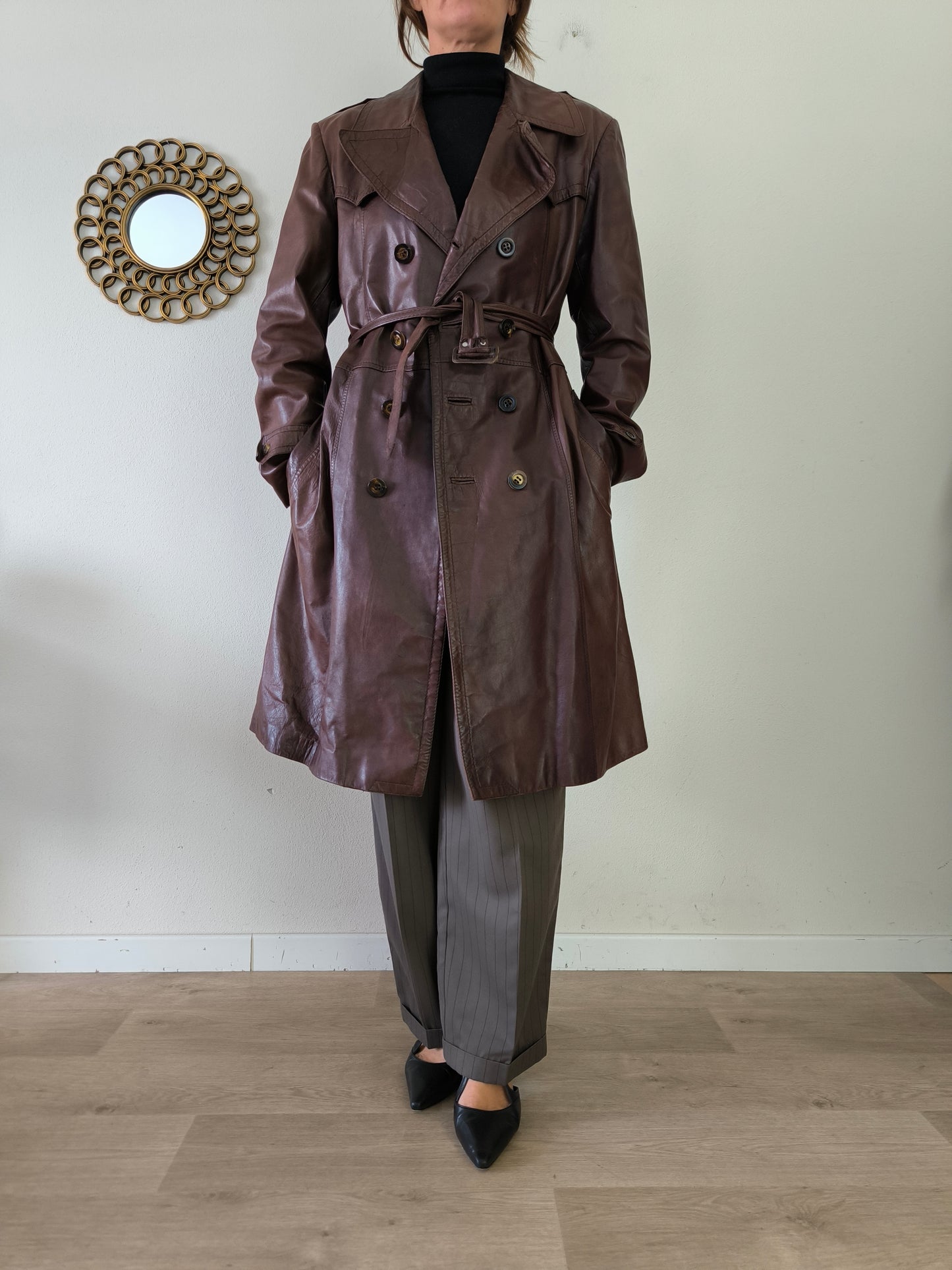 Cappotto/trench unisex in pelle anni 70 tg XL