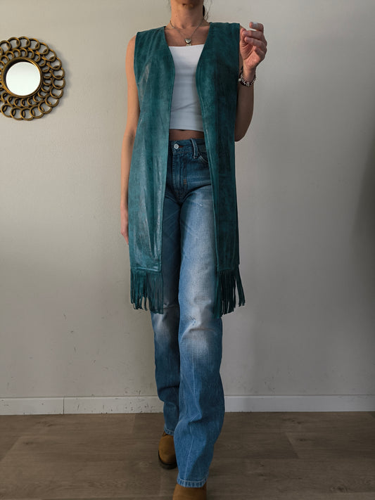 Gilet ecopelle ottanio sfrangiato